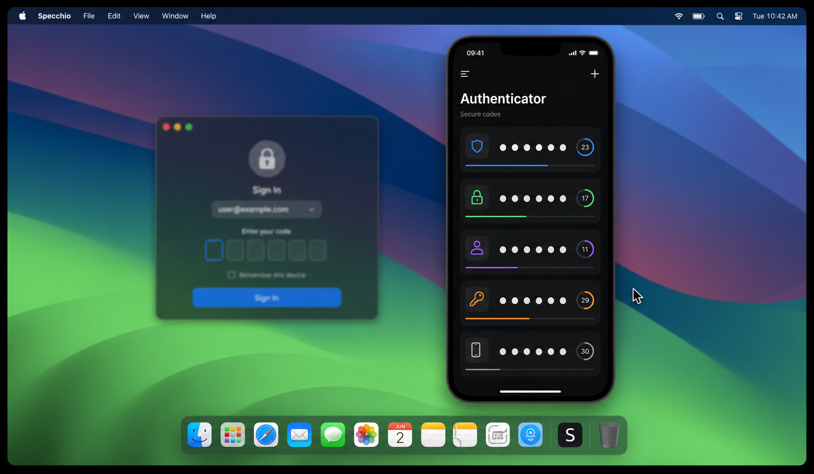 A floating Specchio iPhone view showing an authenticator app beside a Mac sign-in panel