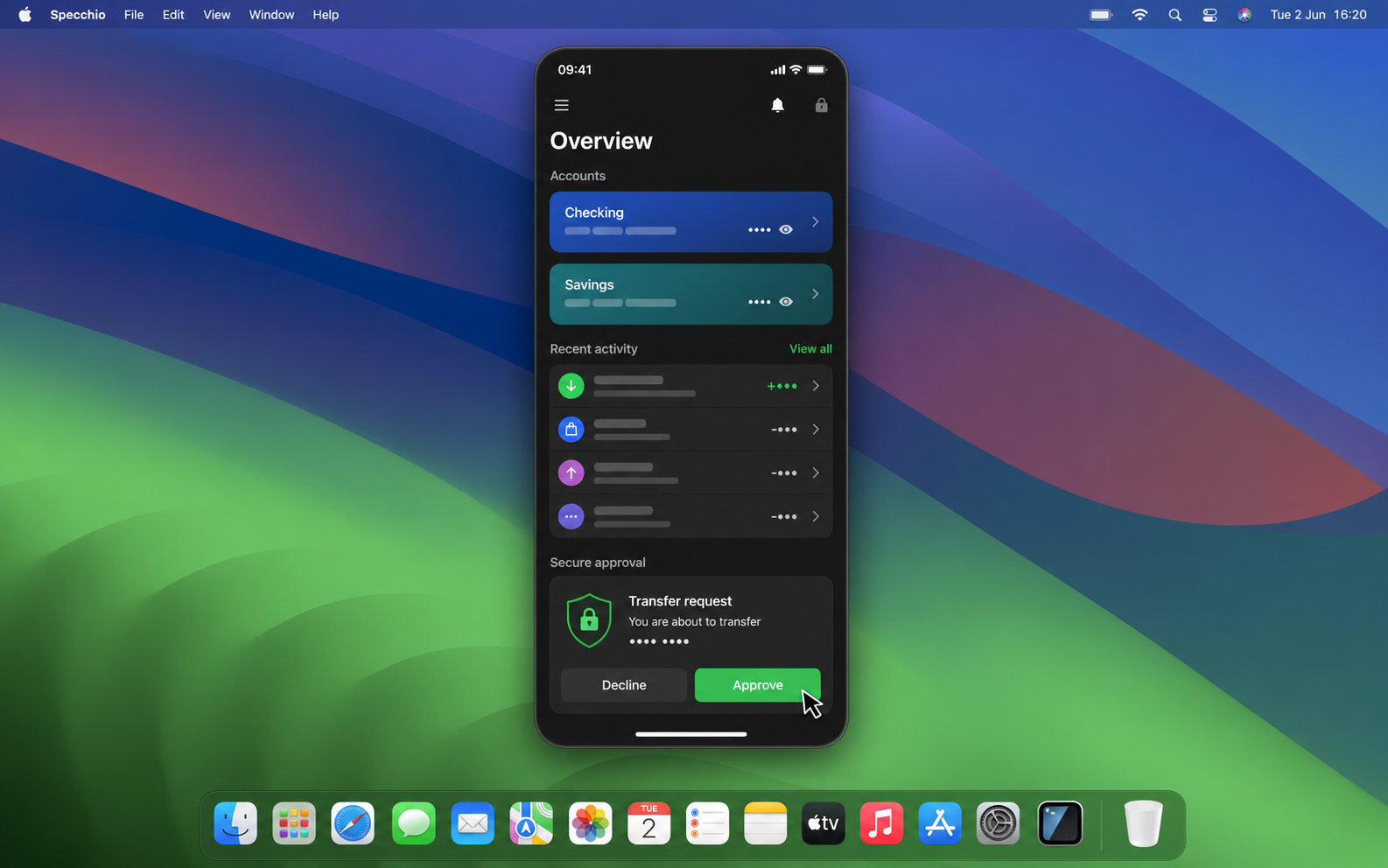 A floating Specchio iPhone view showing a generic banking app on a Mac desktop