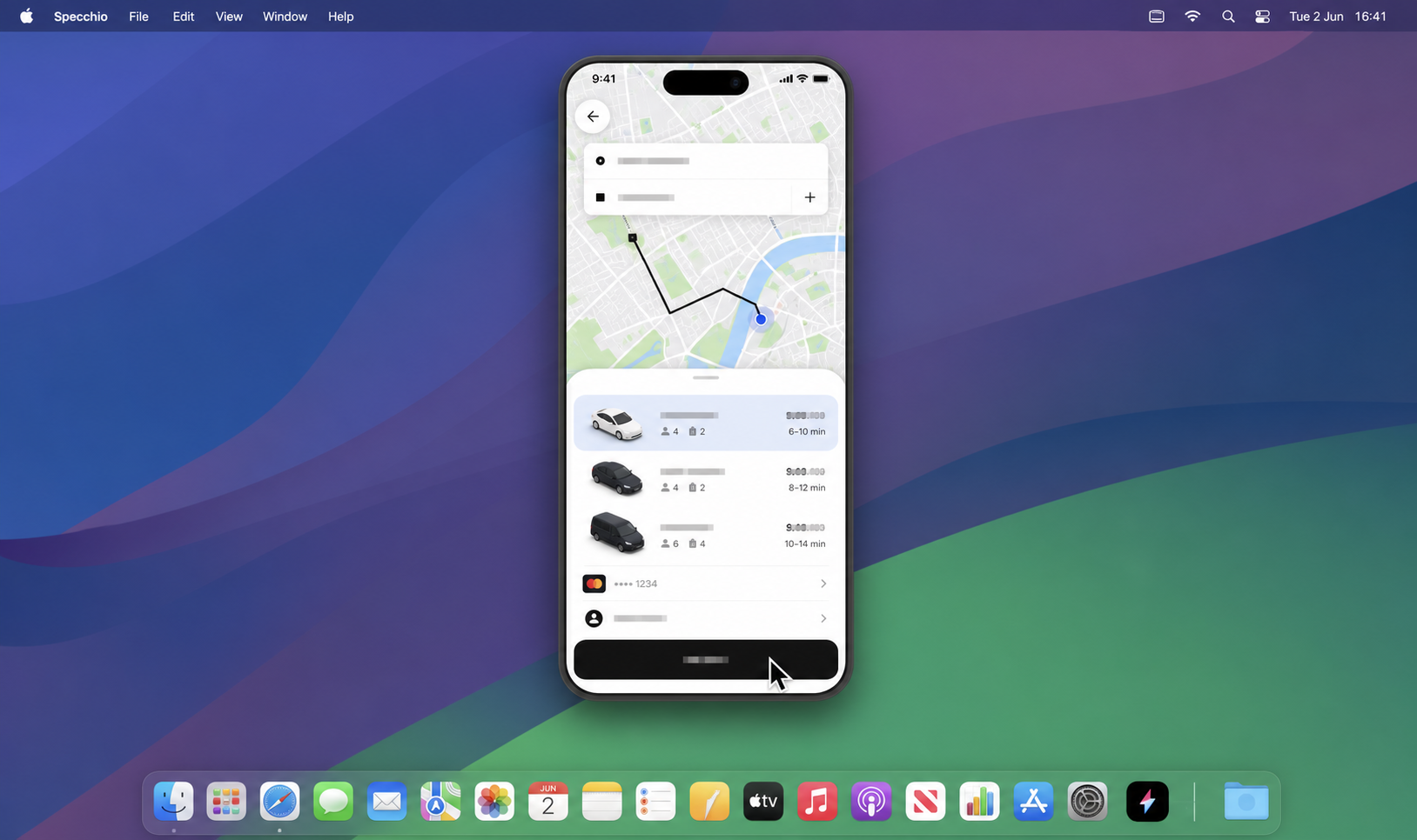 A floating Specchio iPhone view showing a generic ride-hailing map app on a Mac desktop