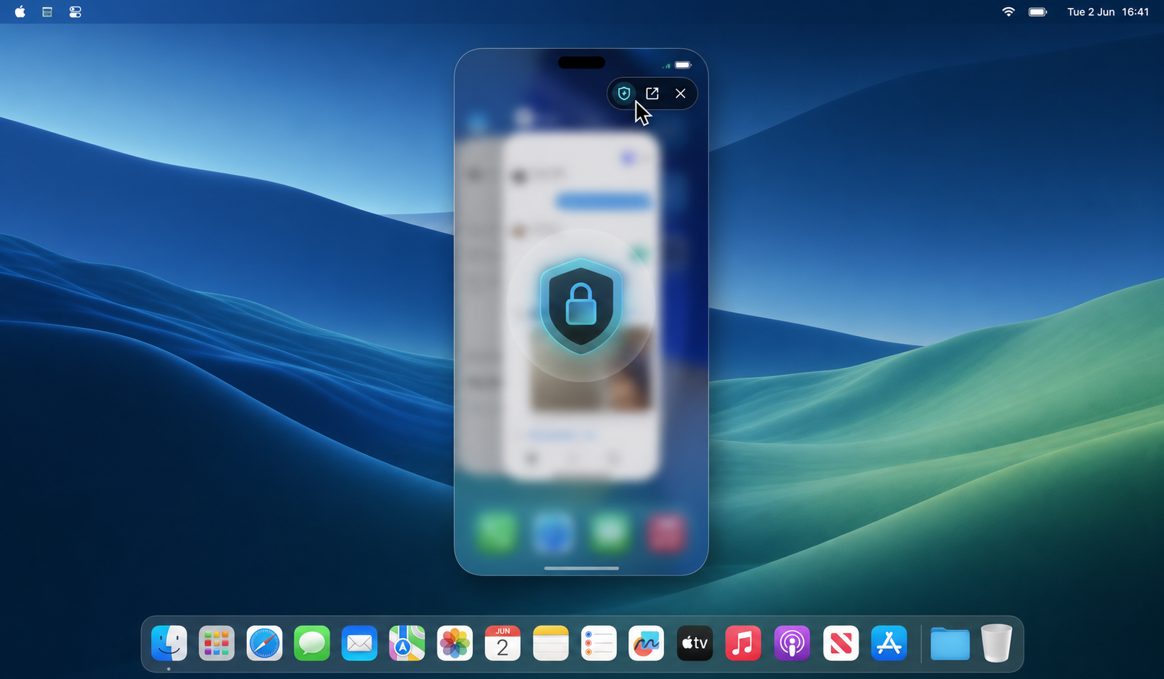 A floating Specchio iPhone view with a privacy-focused phone screen on a Mac desktop